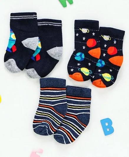Cute Walk By Babyhug Non Terry Antibacterial Ankle Length Socks Multi Design Pack of 3 Pairs - Multicolor