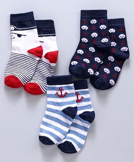 Cute Walk by Babyhug Anti Bacterial Ankle Length Socks Pack of 3 - White Blue