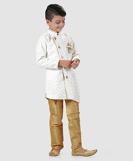 Dapper Dudes Embroidered Full Sleeves Kurta & Churidar Set - Off White