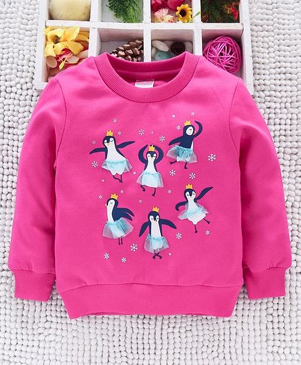 Babyhug Full Sleeves Sweatshirt Penguin Print - Fuchsia