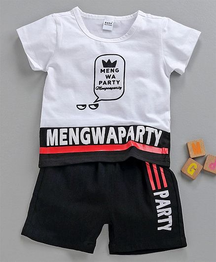 Meng Wa Half Sleeves Tee & Shorts Party Print - White Black