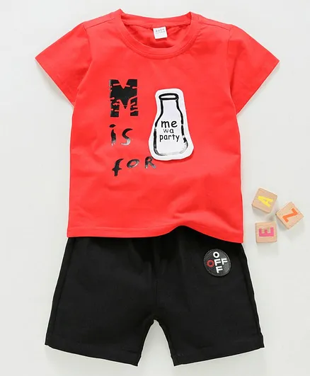 Meng Wa Half Sleeves Tee With Shorts Bottle Patch - Red Black