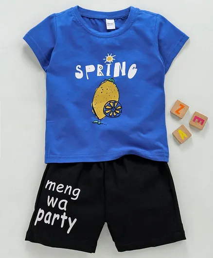 Meng Wa Half Sleeves Tee With Shorts Spring Print - Blue Black