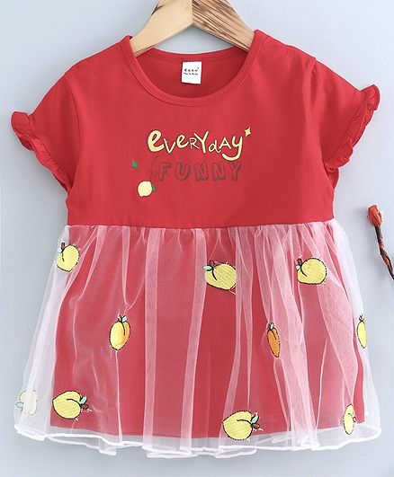 Meng Wa Short Sleeves Frock With Net Overlay - Red