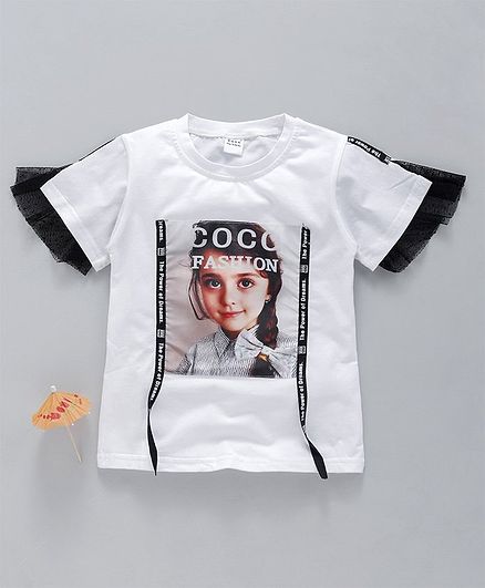 Meng Wa Half Sleeves Netted Hem Top Fashion Graphic Print - White Black