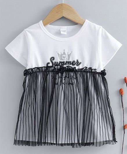Meng Wa Half Sleeves Netted Frock Summer Love Print - White Black