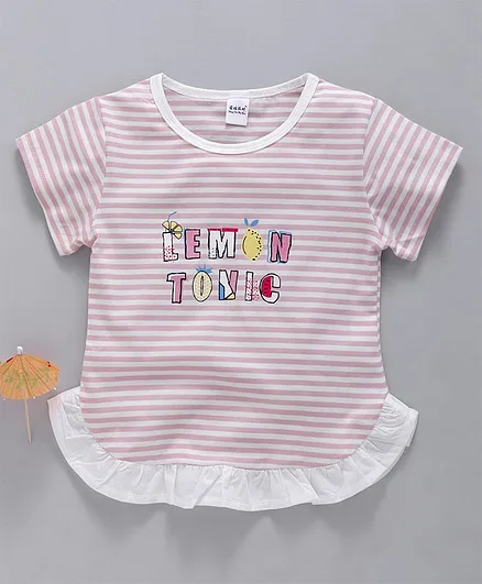 Meng Wa Half Sleeves Striped Tee Lemon Tonic Print - Pink White