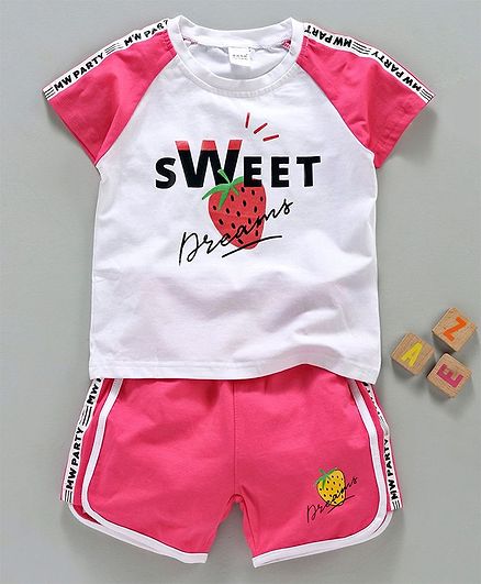 Meng Wa Half Sleeves Tee & Shorts Sweet Print - White Pink