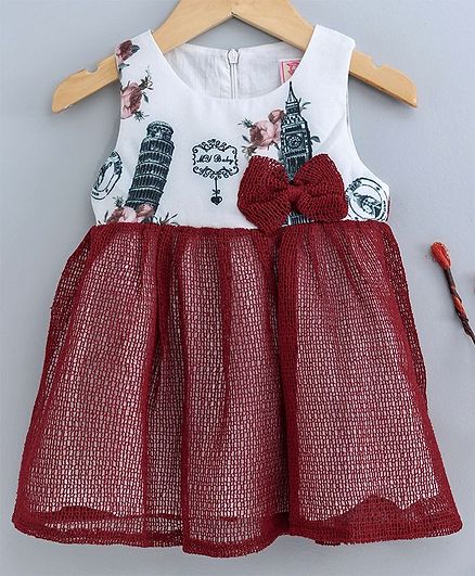 Sunny Baby Sleeveless Frock Printed Bow Applique - Red White