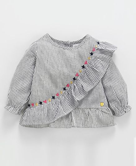 Babyoye Full Sleeves Striped Cotton Top With Hearts & Stars Embroidery - White Grey