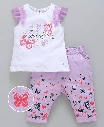 Babyoye Cap Sleeves Cotton Top And Bottom Butterfly Print - Lilac