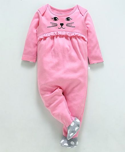 Babyoye Cotton Full Sleeves Kitty Ruffled Footed Romper - Pink