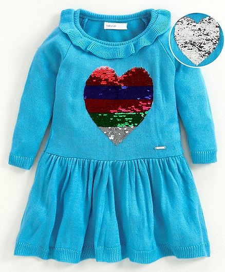 Babyoye Full Sleeves Frock Style Sweater Sequin Sequin Heart Embellished - Light Blue