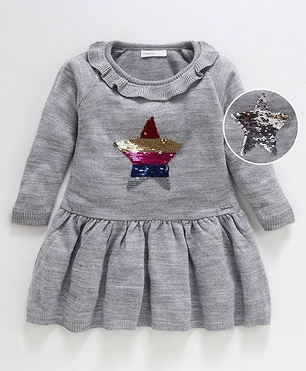 Babyoye Full Sleeves Frock Style Sweater Sequin Flip Star Pattern - Grey