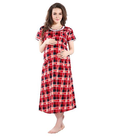 Piu Checked Half Sleeves Front Open Feeding & Maternity Nighty - Red