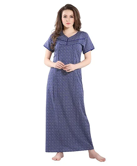 Piu Leaves Print Front Open Feeding & Maternity Nighty - Blue