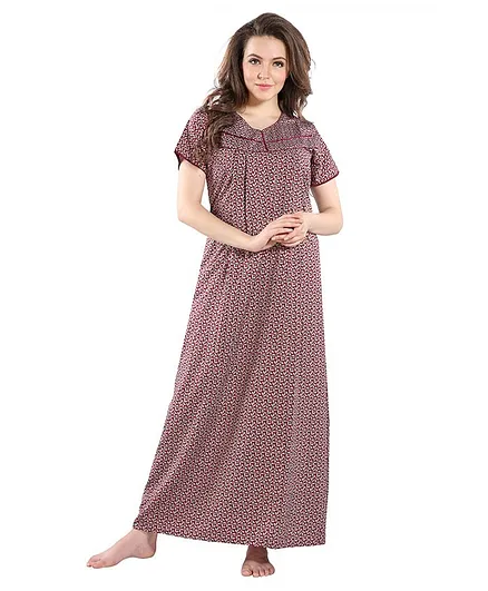 Piu Leaves Print Front Open Feeding & Maternity Nighty - Red