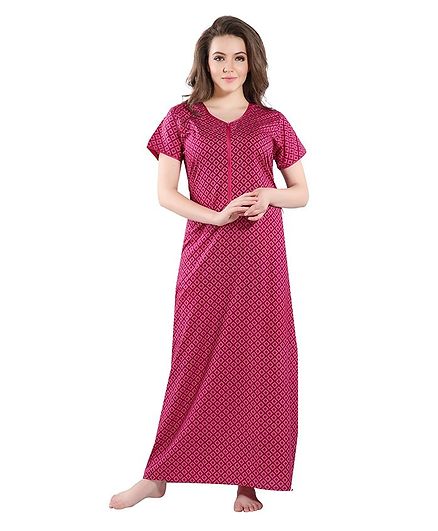 Piu Square Print Half Sleeves Front Zipper Nighty - Pink