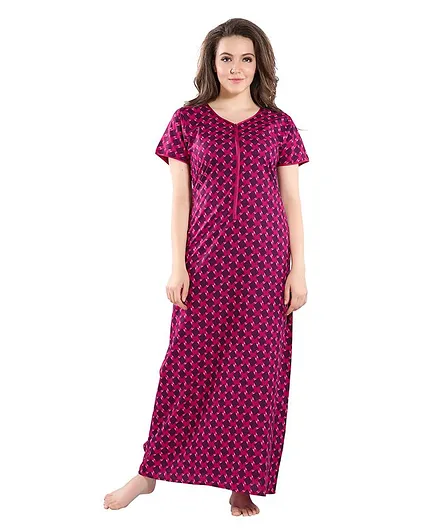 Piu Square Print Half Sleeves Front Zipper Nighty - Pink