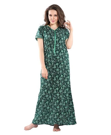 Piu Flower Print Half Sleeves Front Zipper Nighty - Green