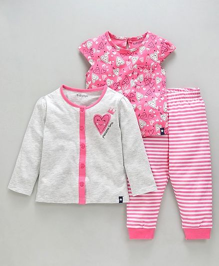 Babyoye Cotton Full & Cap Sleeves Night Suit Heart Print - Pink