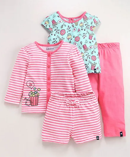 Babyoye Cotton Short & Full Sleeves Night Wear Striped & Printed Pack of 4 - Pink Blue