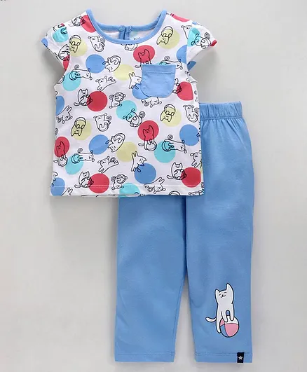 Babyoye Short Sleeves Night Suit Kitty Print - Blue