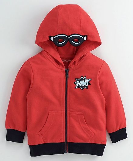Babyoye Full Sleeves Hooded Cotton Sweatshirt Pow Text Patch - Red
