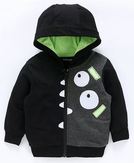 Babyoye Cotton Full Sleeves Printed Hooded Sweatshirt - Black