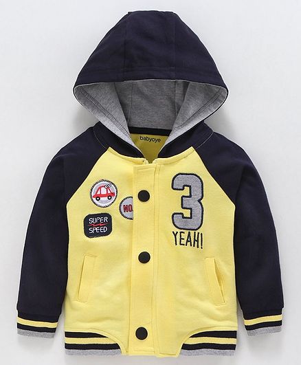 Babyoye Full Sleeves Hooded Cotton Sweatshirt Car Patch - Yellow