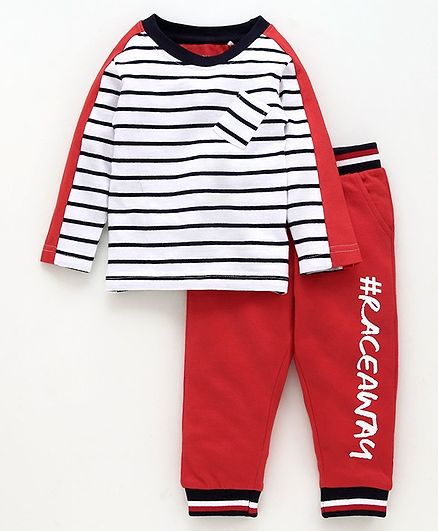 Babyoye Full Sleeves Stripe Print T-shirt & Bottom Set - Red