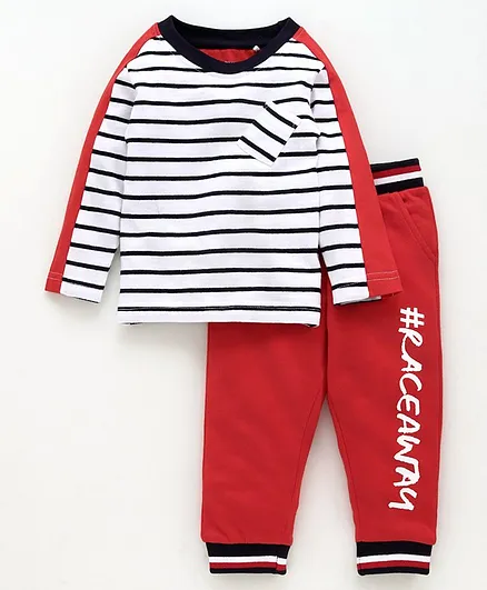 Babyoye Full Sleeves Stripe Print T-shirt & Bottom Set - Red