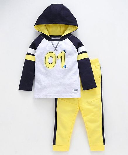 Babyoye Hooded Tee With Lounge Pants Number Print - Grey Yellow
