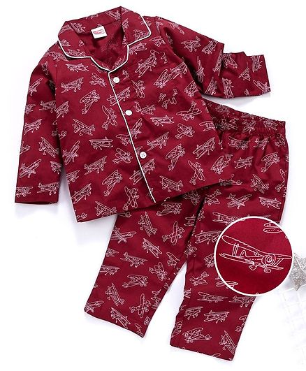 Babyhug Full Sleeves Woven Cotton Night Suit Plane Print - Maroon