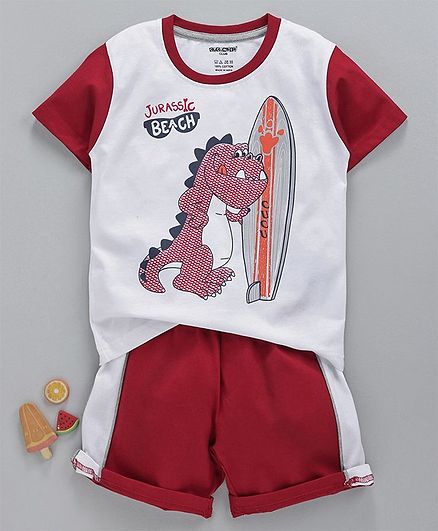 Cucumber Half Sleeves Tee And Shorts Jurassic Beach Print - White Red