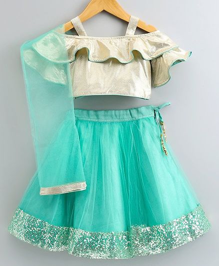 Babyoye Cold Shoulder Choli And Lehenga With Net Dupatta Sequin Detailing - Sea Green Golden