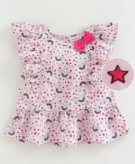 Babyoye Cap Sleeves Ruffled Top Magic Unicorn Bow Print - Pink