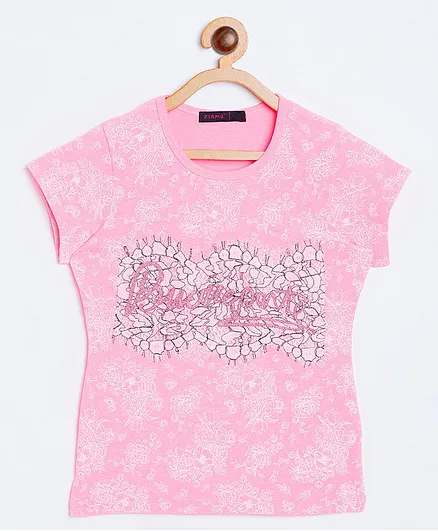 Ziama Short Sleeves Floral Letter Printed Top - Pink