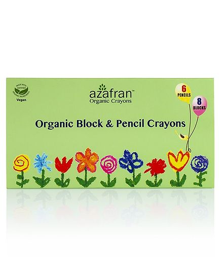 Azafran Organic Block & Pencil Crayons 6 Shades & 8 Blocks- Multicolour