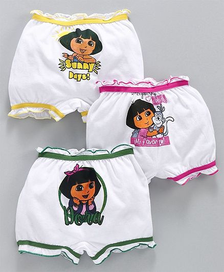 Red Rose Bloomers White Base Dora The Explorer Print Pack of 3 - Yellow Pink Green