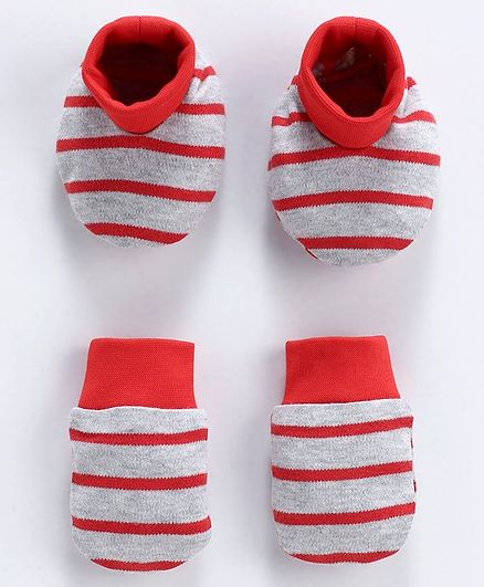 Babyoye Stripe Cotton Mittens And Booties - Red Grey