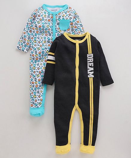 Babyoye Full Sleeves Printed Cotton Footed Rompers Pack of 2 - Black Blue