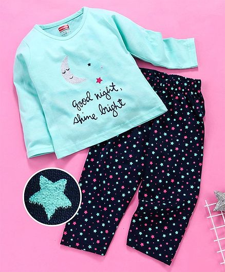 Babyhug Full Sleeves Night Wear Moon & Star Print - Sea Green Navy Blue