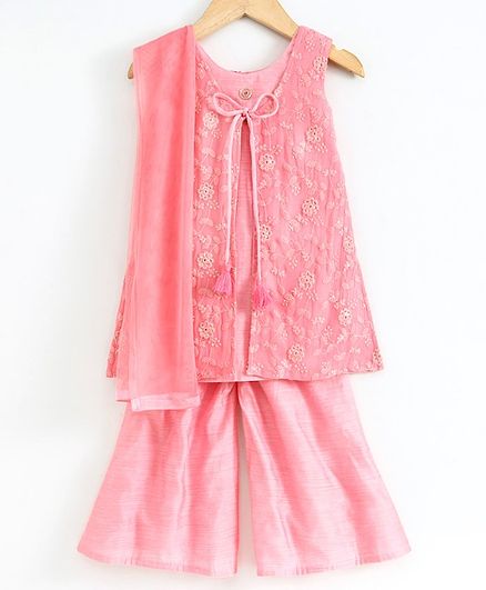 Babyoye Sleeveless Embroidered Top & Palazzo Set With Dupatta - Peach