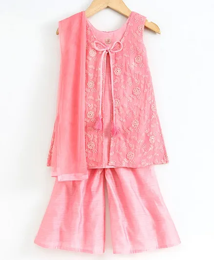Babyoye Sleeveless Embroidered Top & Palazzo Set With Dupatta - Peach