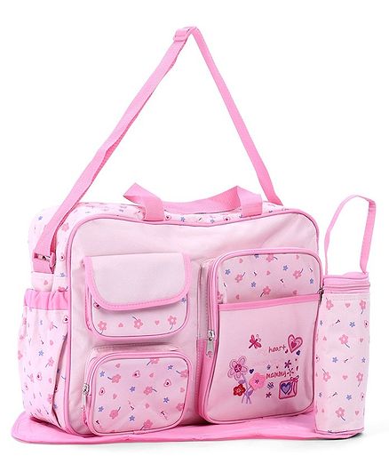 Diaper Bag With Changing Mat And Bottle Cover Bear Embroidery - Pink