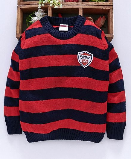 Babyhug Full Sleeves Striped Sweater - Navy Red