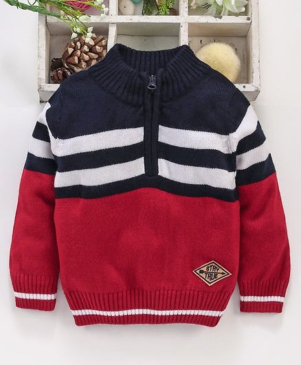 Babyhug Full Sleeves Striped Sweater - Navy Red