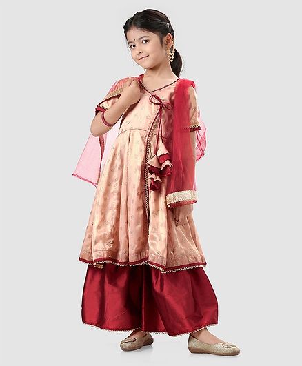 Saka Designs Half Sleeves Embellished Kurti & Palazzo Set With Dupatta - Peach Red