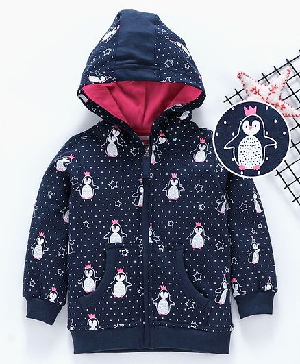 Babyhug Full Sleeves Hooded Sweat Jacket Penguin Print - Navy Blue
